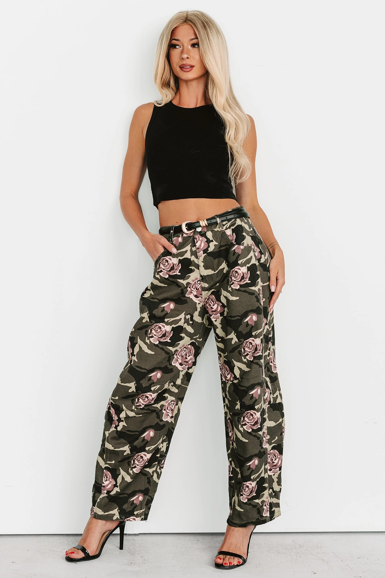 Mesh Comfort Cover Me In Roses Floral Barrel Jeans (Camo)