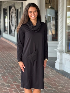 Perre Classic Pullover Cowl Neck Black Pocket Dress light layering