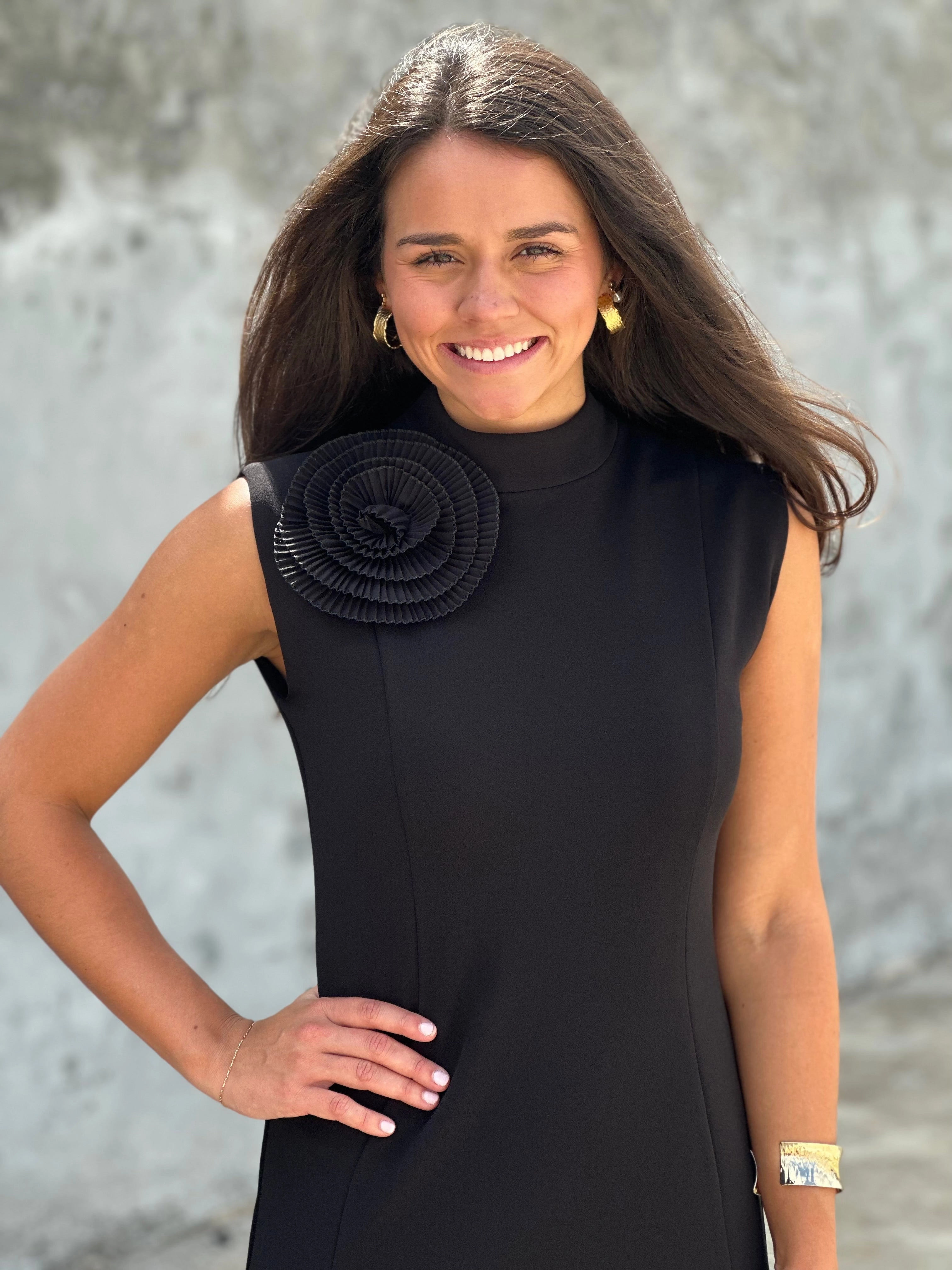 Light Appeal Perre Floral Mock Neck Black Sheath Dress