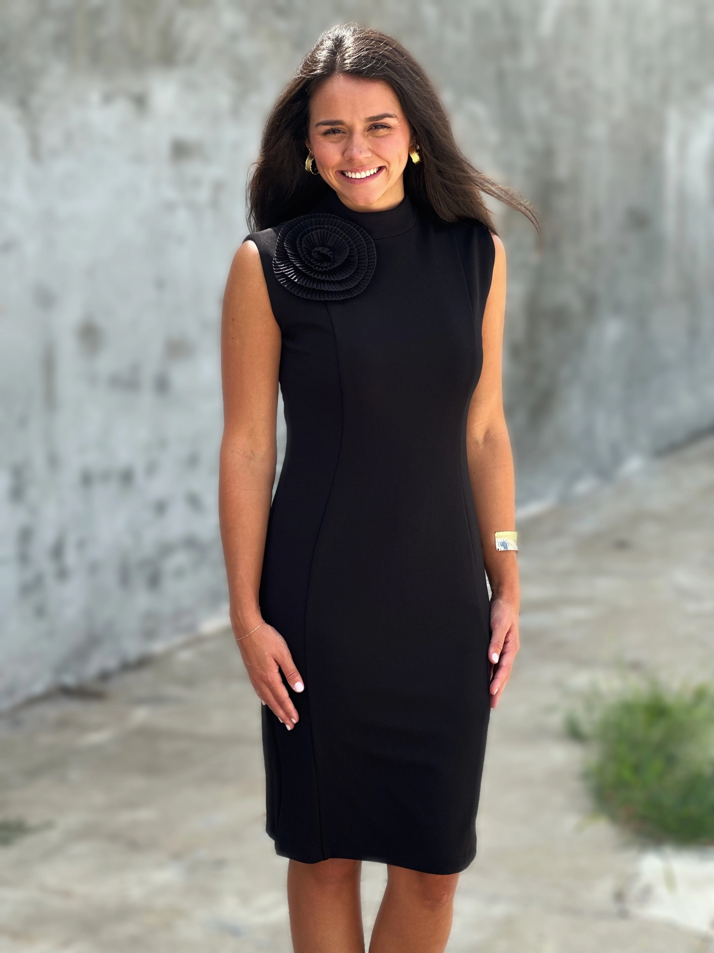 Fit Choice Care-Instructions-Included Perre Floral Mock Neck Black Sheath Dress