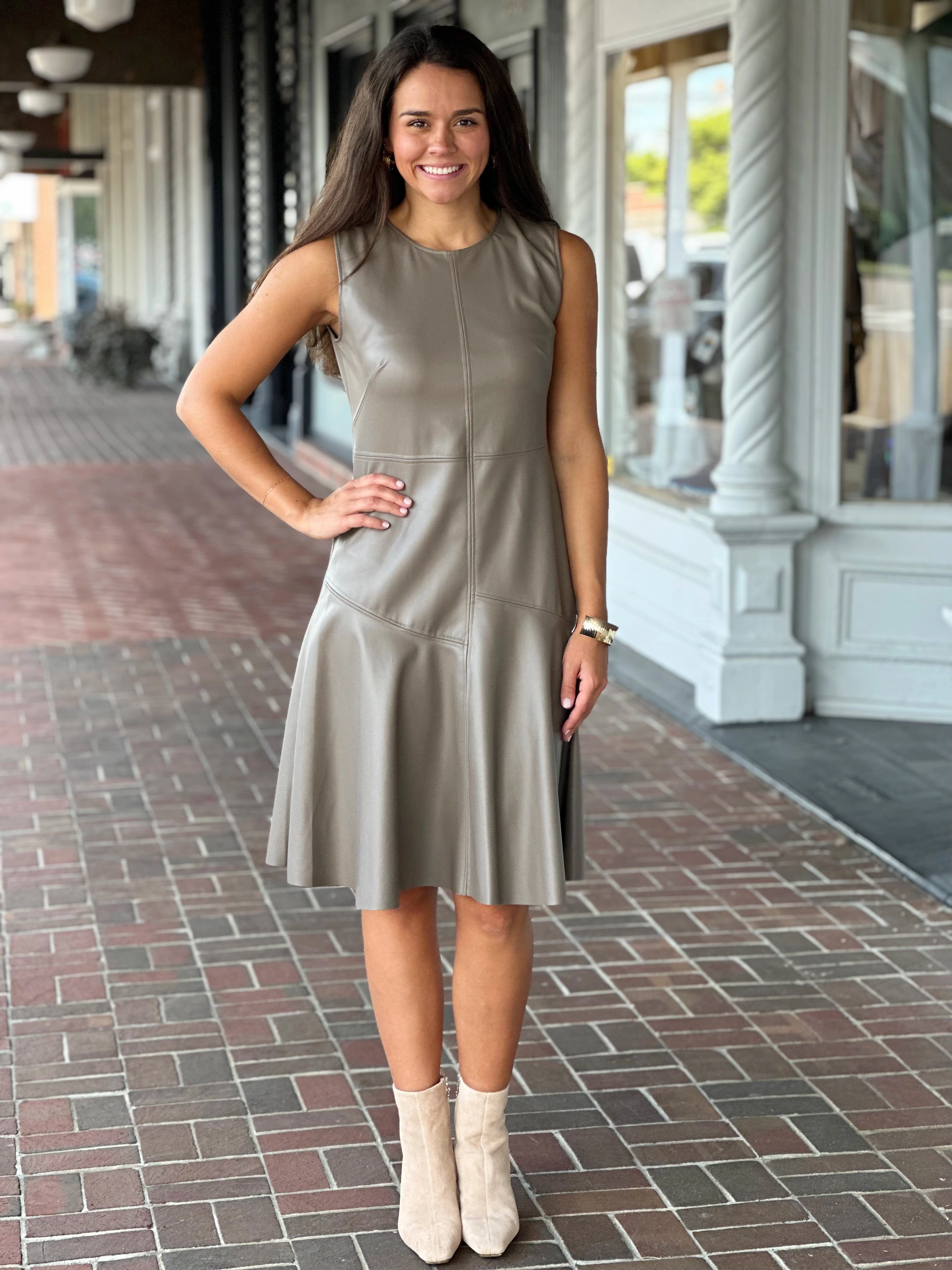 Perre Melani Leather Aline Dark Sage Dress Simple Bow