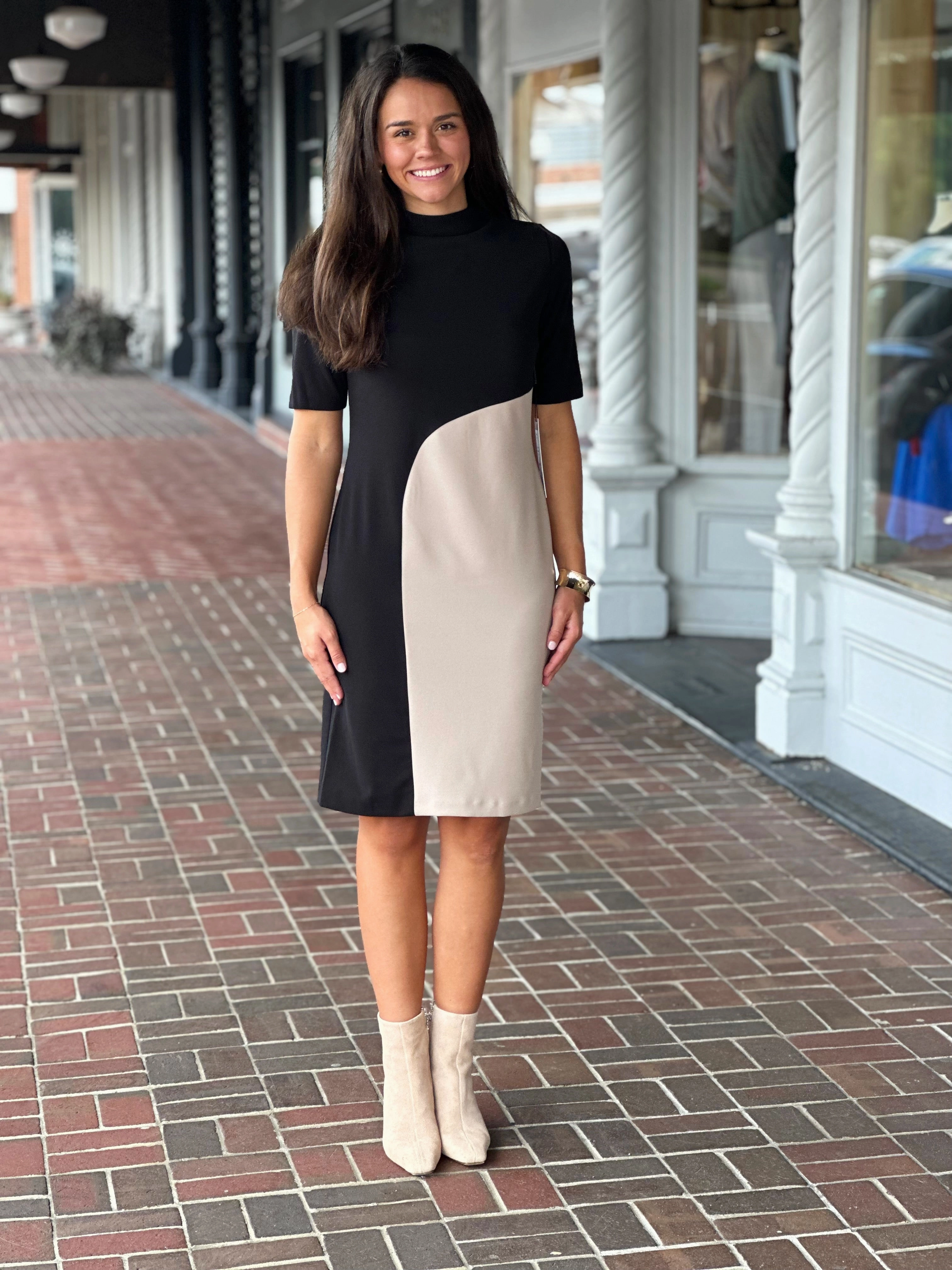 Perre Mock Neck Khaki Color-block Black Sheath Dress Soft Appeal