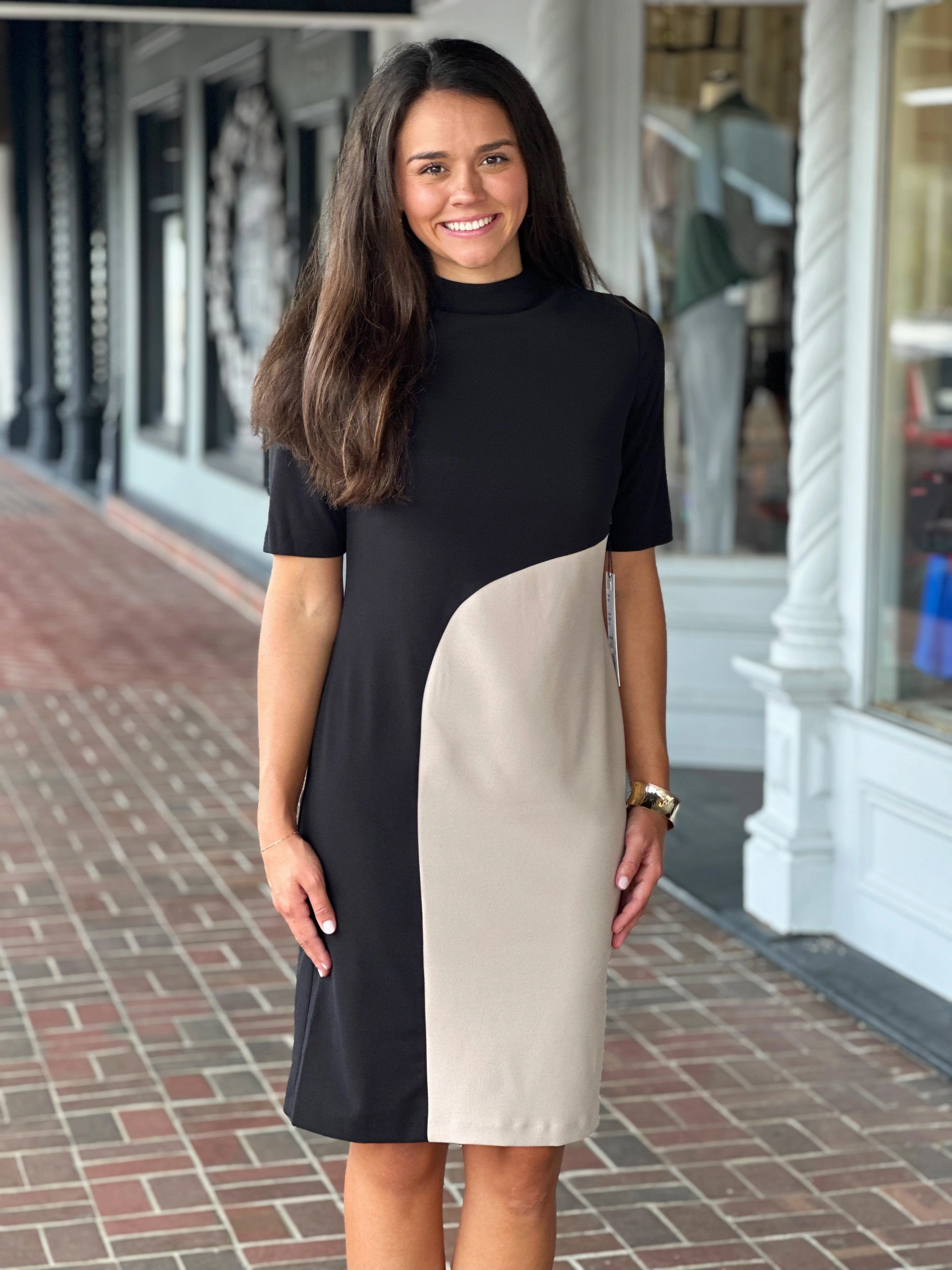 Comfortable Cut Minimalist Style Perre Mock Neck Khaki Color-block Black Sheath Dress