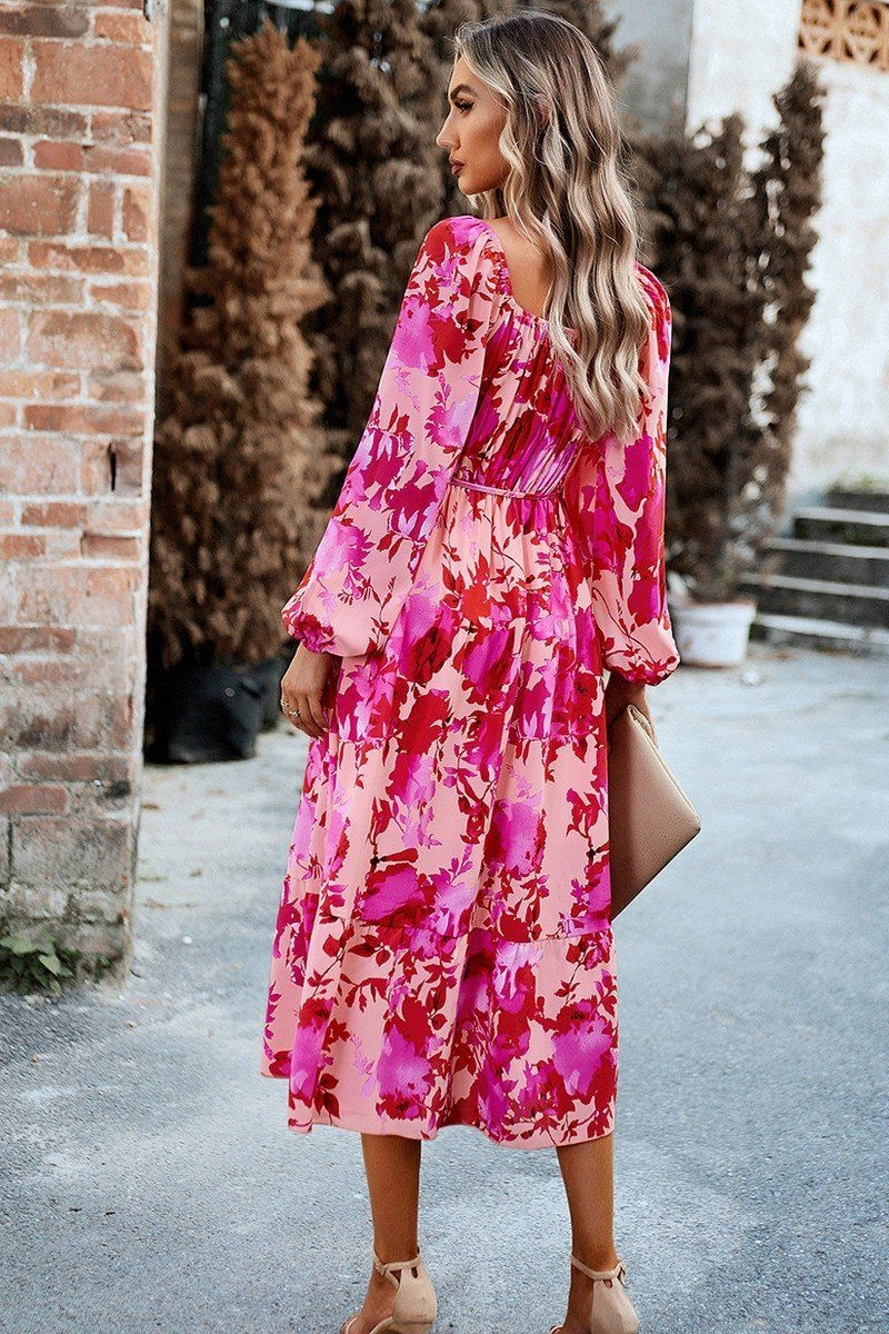 WOMEN FLORAL PATTERN SQUARE NECK MAXI DRESS Versatile Design