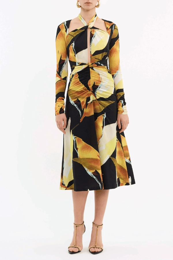 Versatile Layer Wear Soft Silhouette Petals Of Paradise Long Sleeve Midi Dress Print