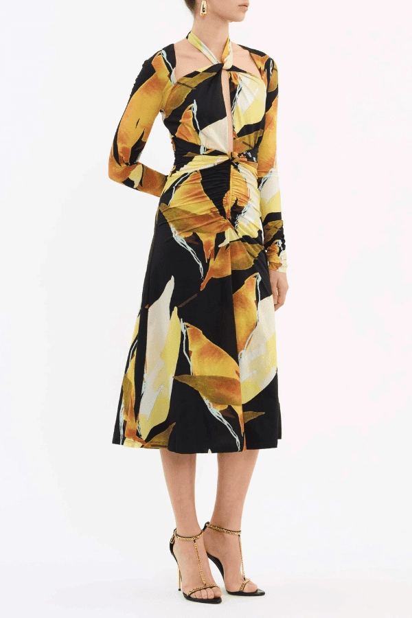 Walk Grace Street-Style Petals Of Paradise Long Sleeve Midi Dress Print