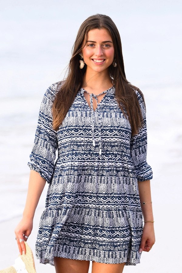 Side-Slit Flattering Fit Wear Peyton Dress / Indigo Aztec