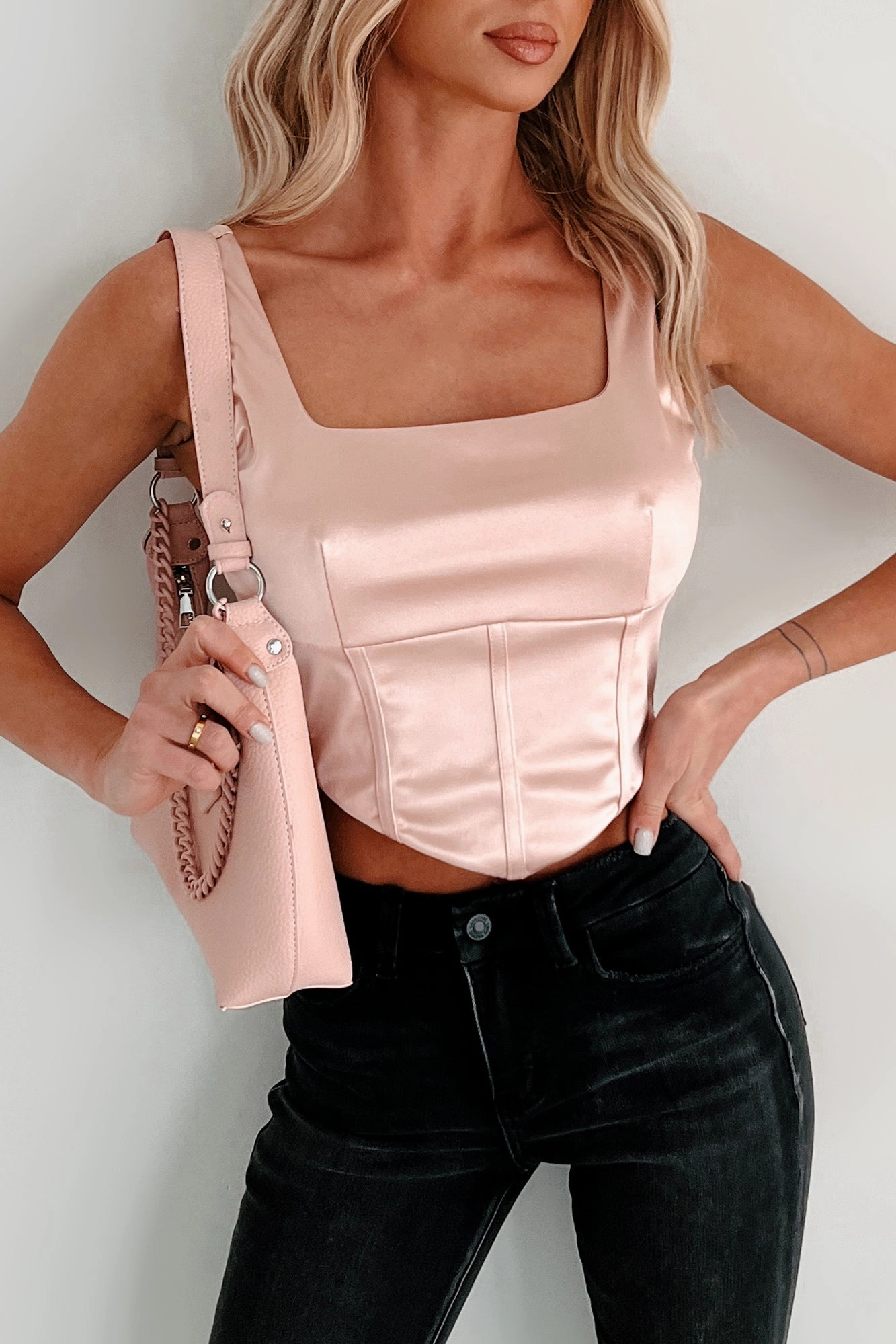 Full Roster Satin Crop Top (Blush) DoubleStitchedSeams AdjustableCuffSystem
