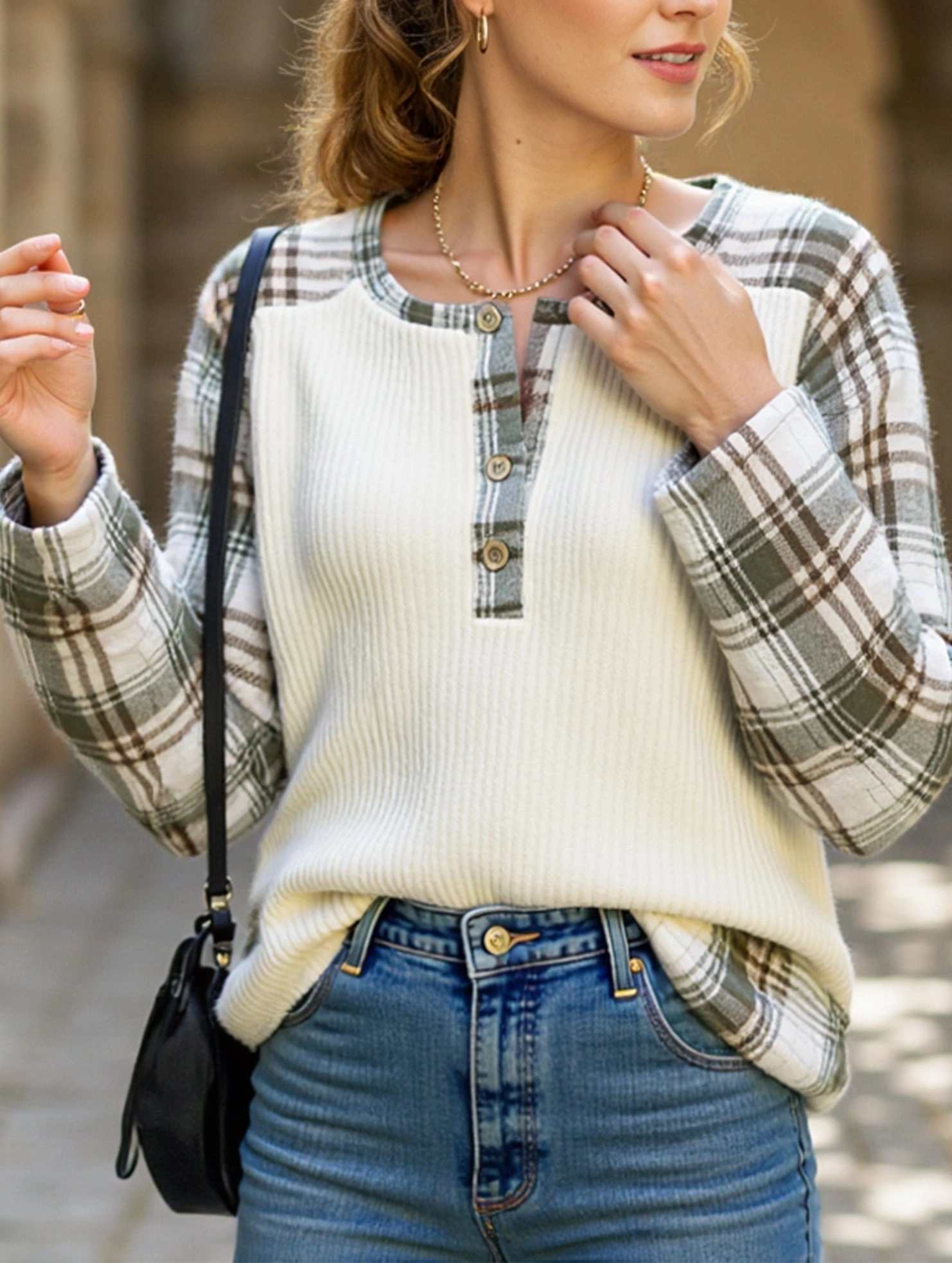 PLAID PATCHWORK LONG-SLEEVED CREW NECK T-SHIRT Warm Hoodie Hygroscopic Inner Layer