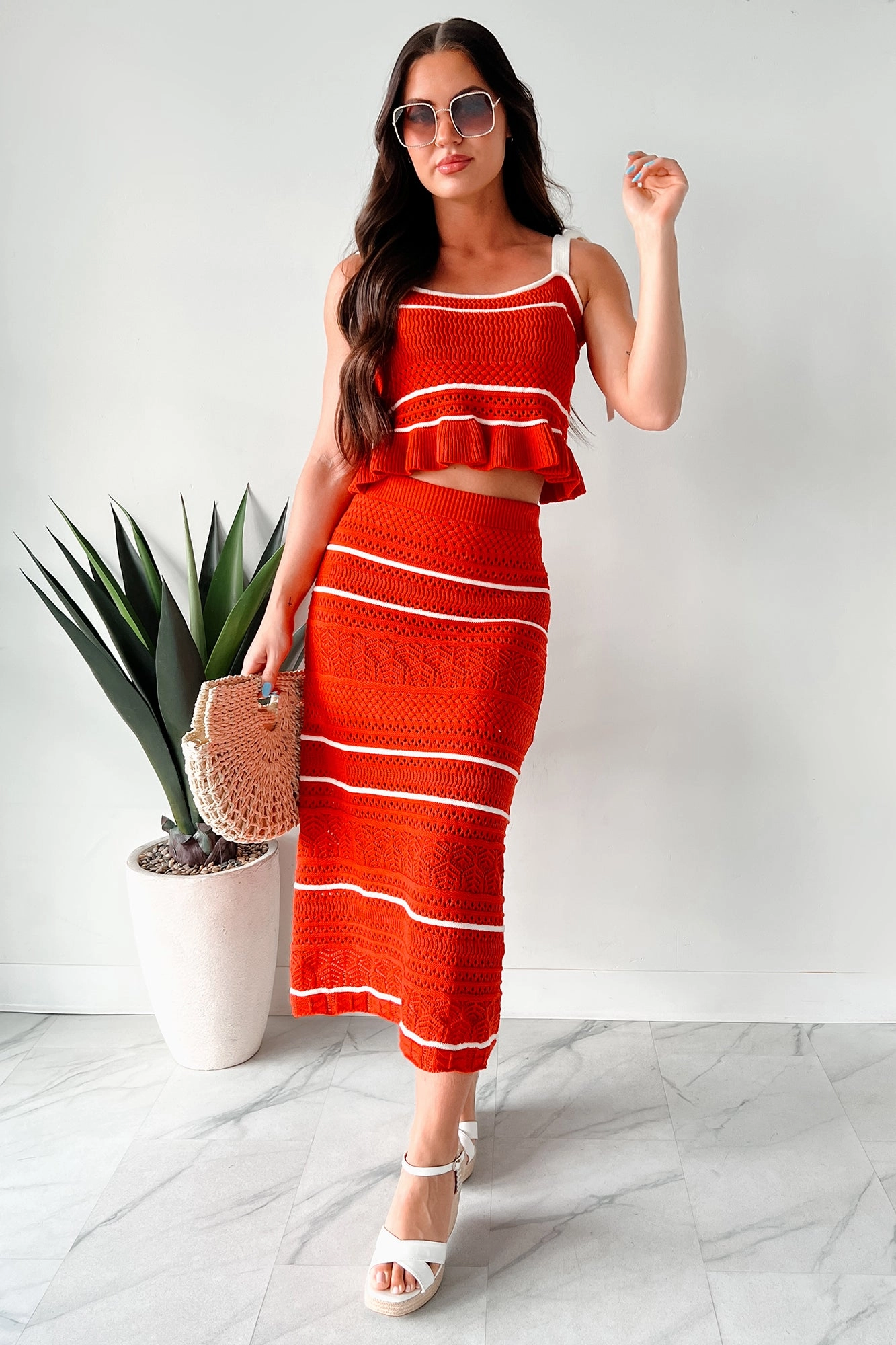 Easy Comfort Minimal Vibe Playful & Pretty Open Knit Sweater Midi Skirt (Red Orange)