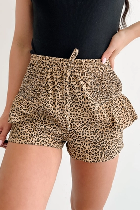 Partying Hard Smocked Leopard Shorts (Taupe/Black) Four Way Stretch