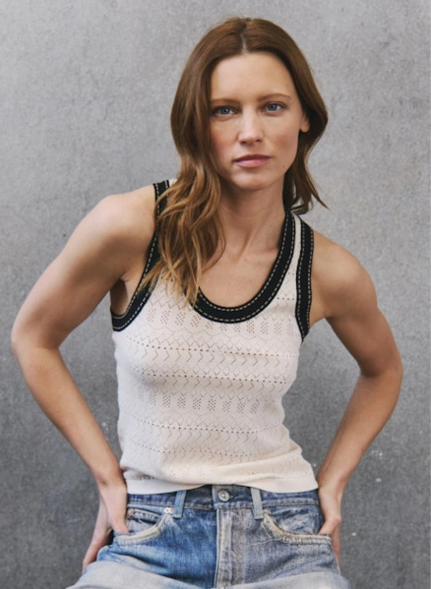 Wicking Inner Lining Layered Panel Design Pointelle Racer Back Tank Saddle Stitching Sand