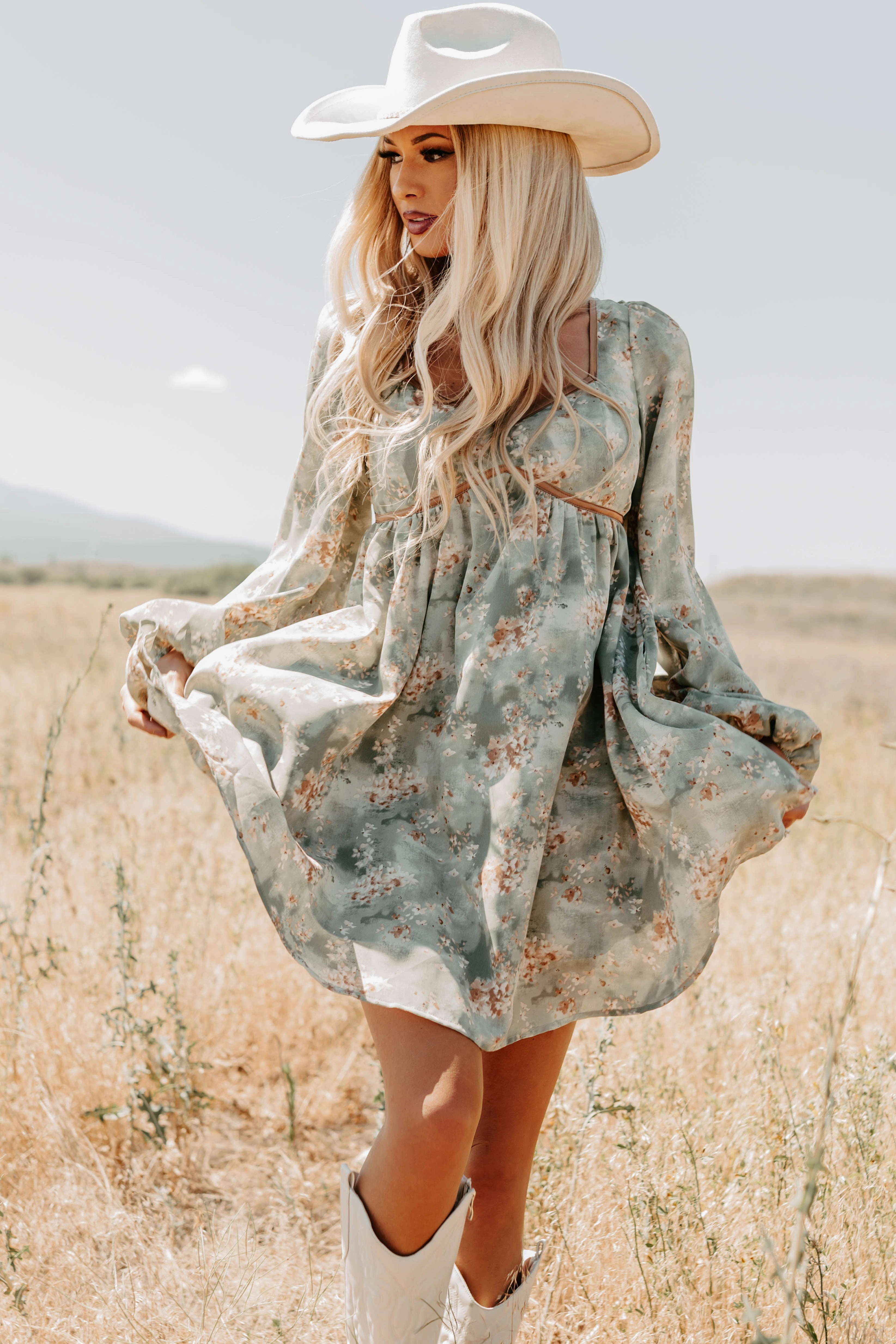Poised Purpose Floral Long Sleeve Mini Dress (Olive) Comfort and Elegance