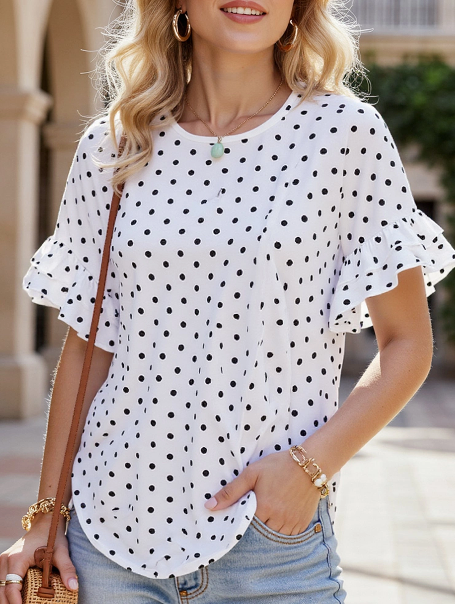 Wrinkle Resistant Treatment CroppedLength Polka Dot Batwing Sleeve Ruffle Loose Top ??Women's Lightweight Casual Blouse