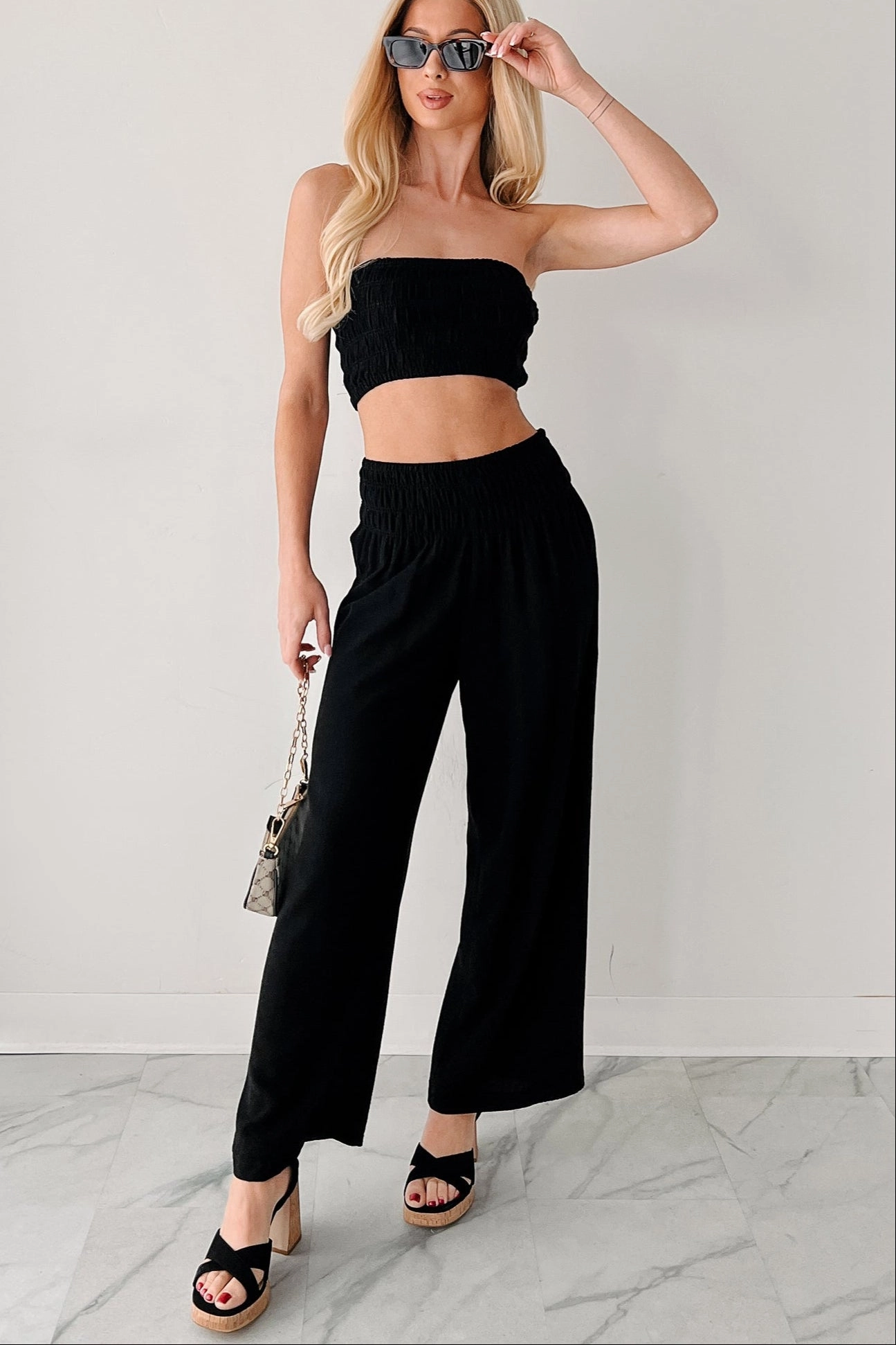 Comfy Moments Linen Tube Top & Pant Set (Black) Non Irritating Seams Effortless Layer