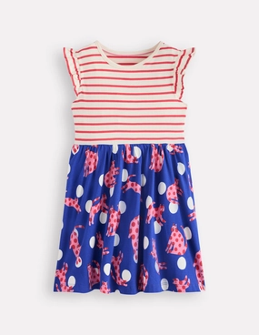 Posie Frill Sleeve Dress-Bright Blue Spotty Cats Drawstring-Closure
