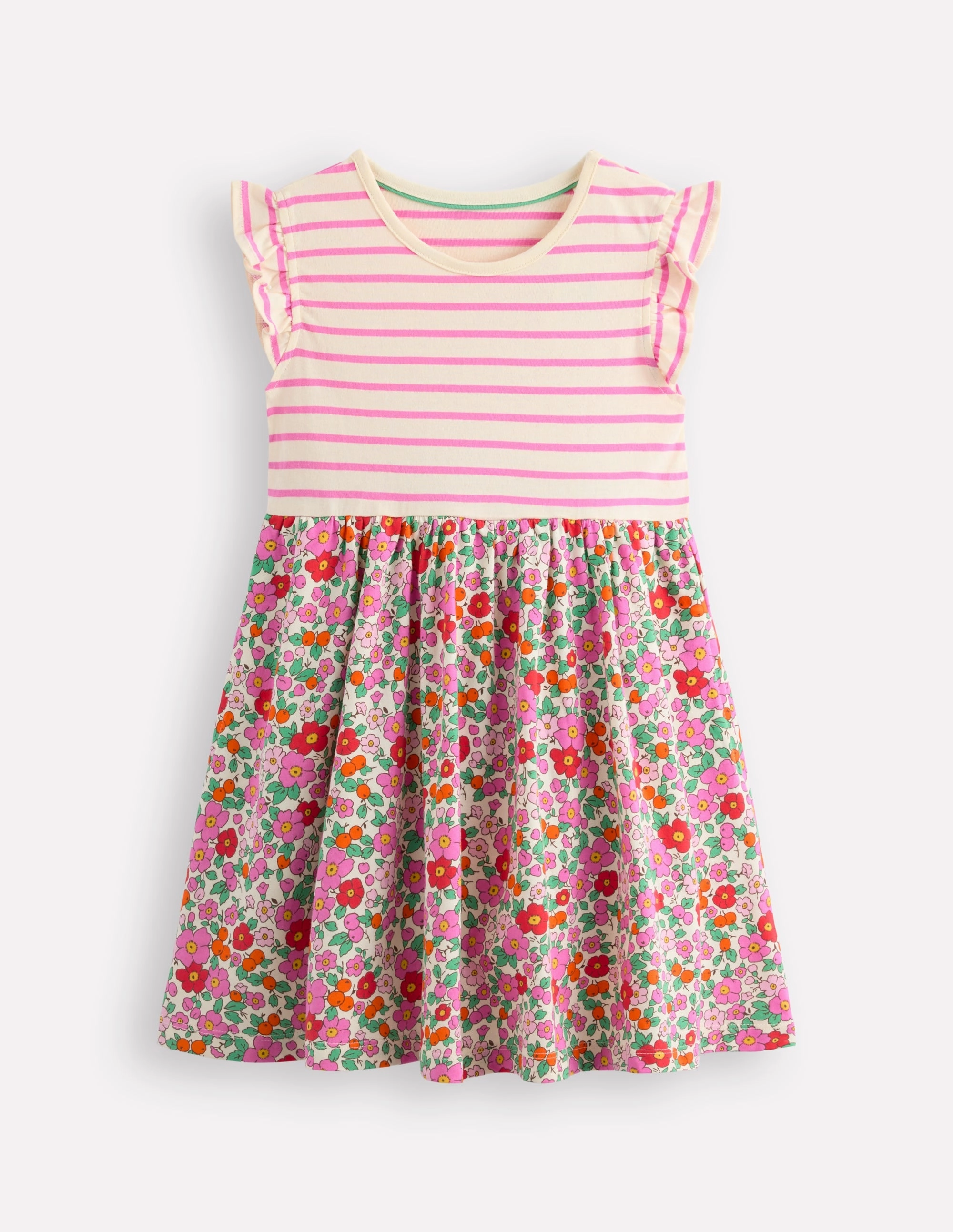 Ethically-Made Posie Frill Sleeve Dress-Pink Apple Blossom Floral