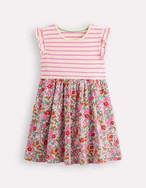 Ethically-Made Posie Frill Sleeve Dress-Pink Apple Blossom Floral