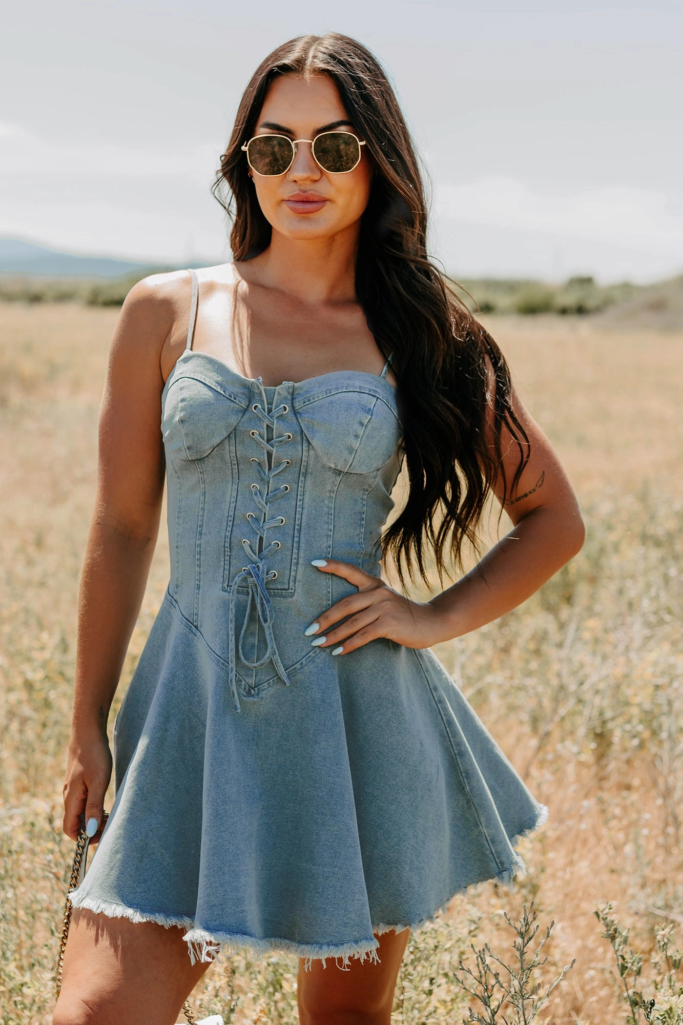 Watch Her Rise Sleeveless Denim Mini Dress (Denim) Happy Fit