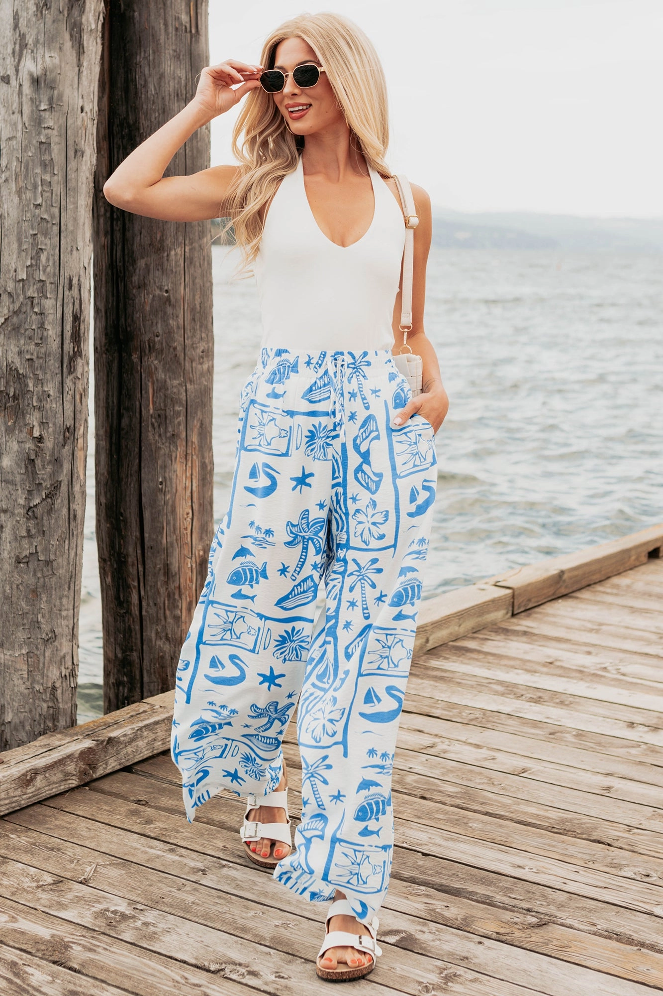 Saltwater Serenade Tropical Pattern Wide Leg Pants (Blue) Layer-Friendly