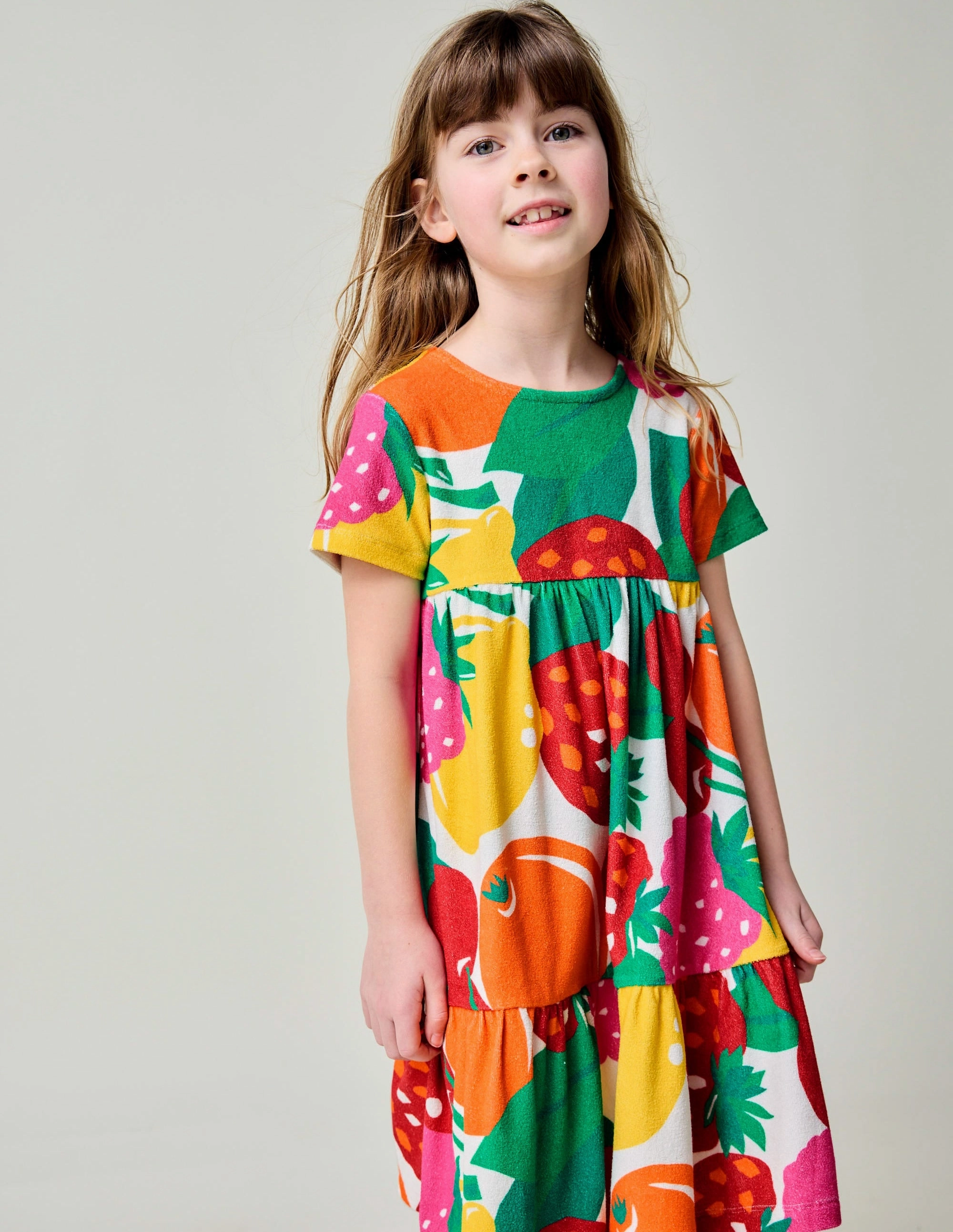 Ariel Twirly Towelling Dress-Multi Giant Fruit Side Slit Edge Detail
