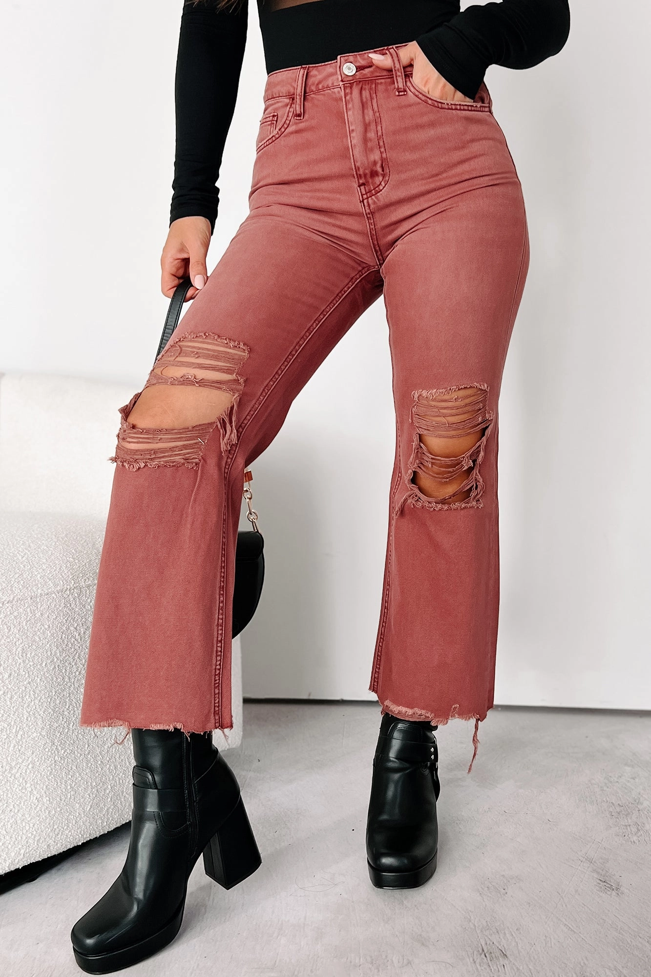 Doyle High Rise 90s Vintage Vervet Crop Flare Jeans (Russet) Weekend Wear Multi Pocket Configuration