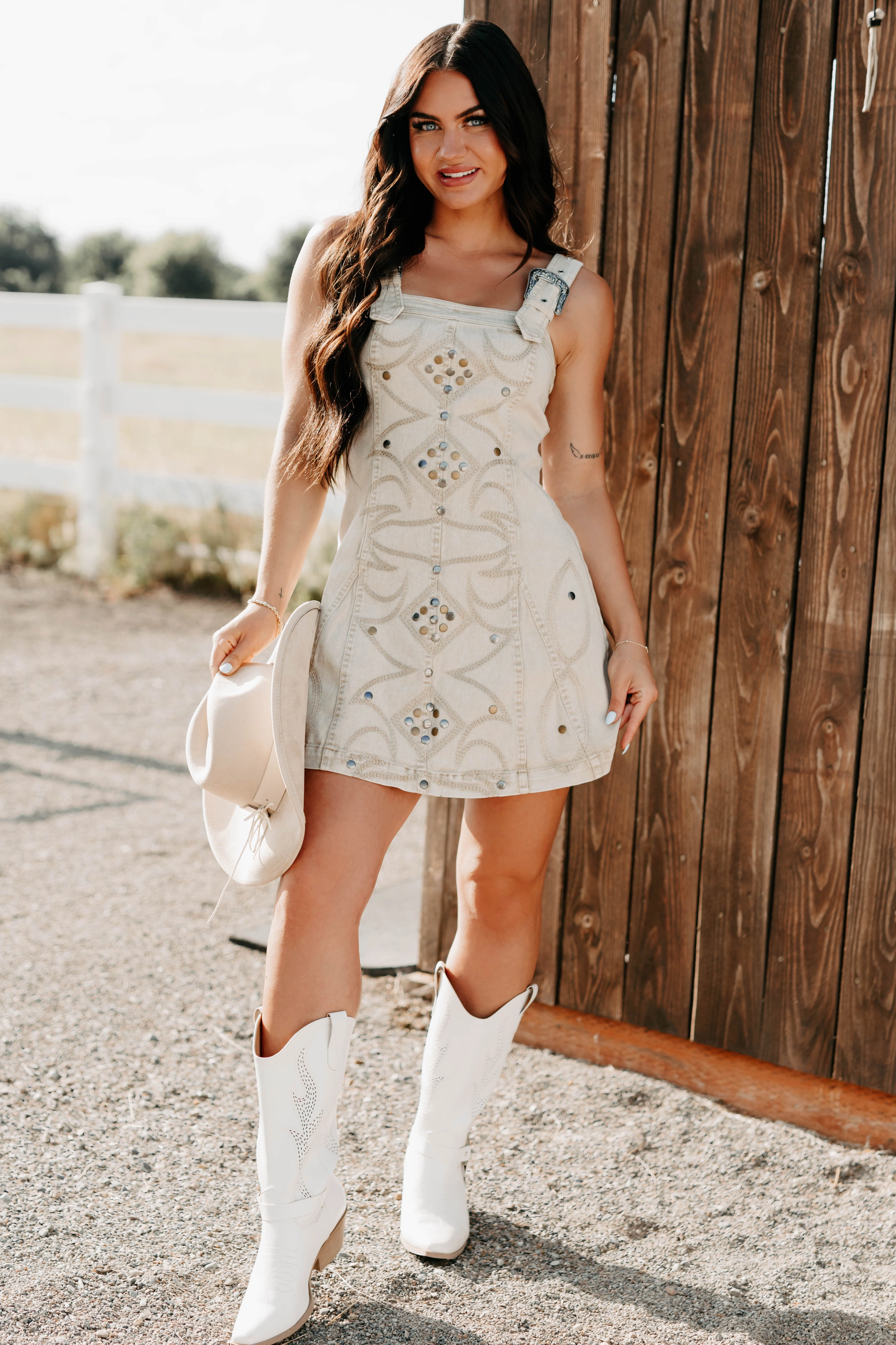 DurableStitching Warranty-Included Prairie Blossom Western Denim Mini Dress (Sand)