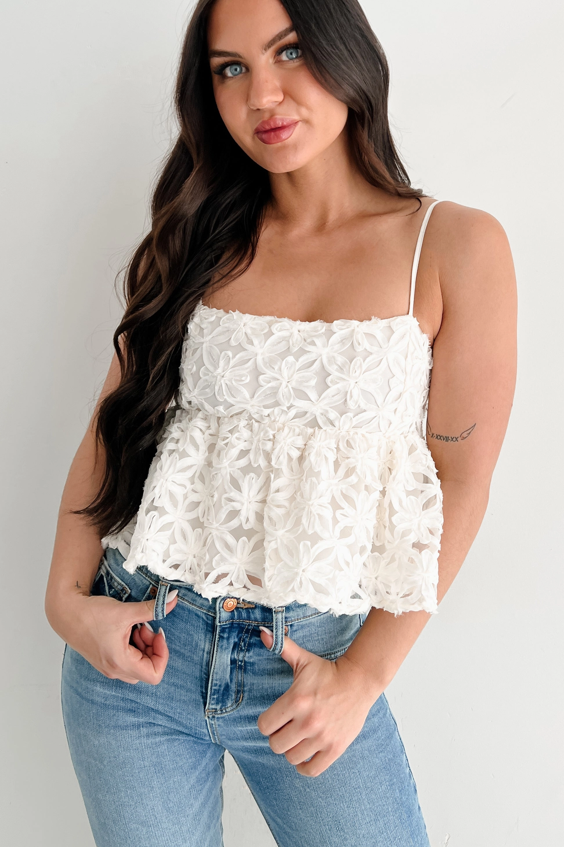 Modern Icon Textured Floral Babydoll Tank (Cream) Flexible Waistband