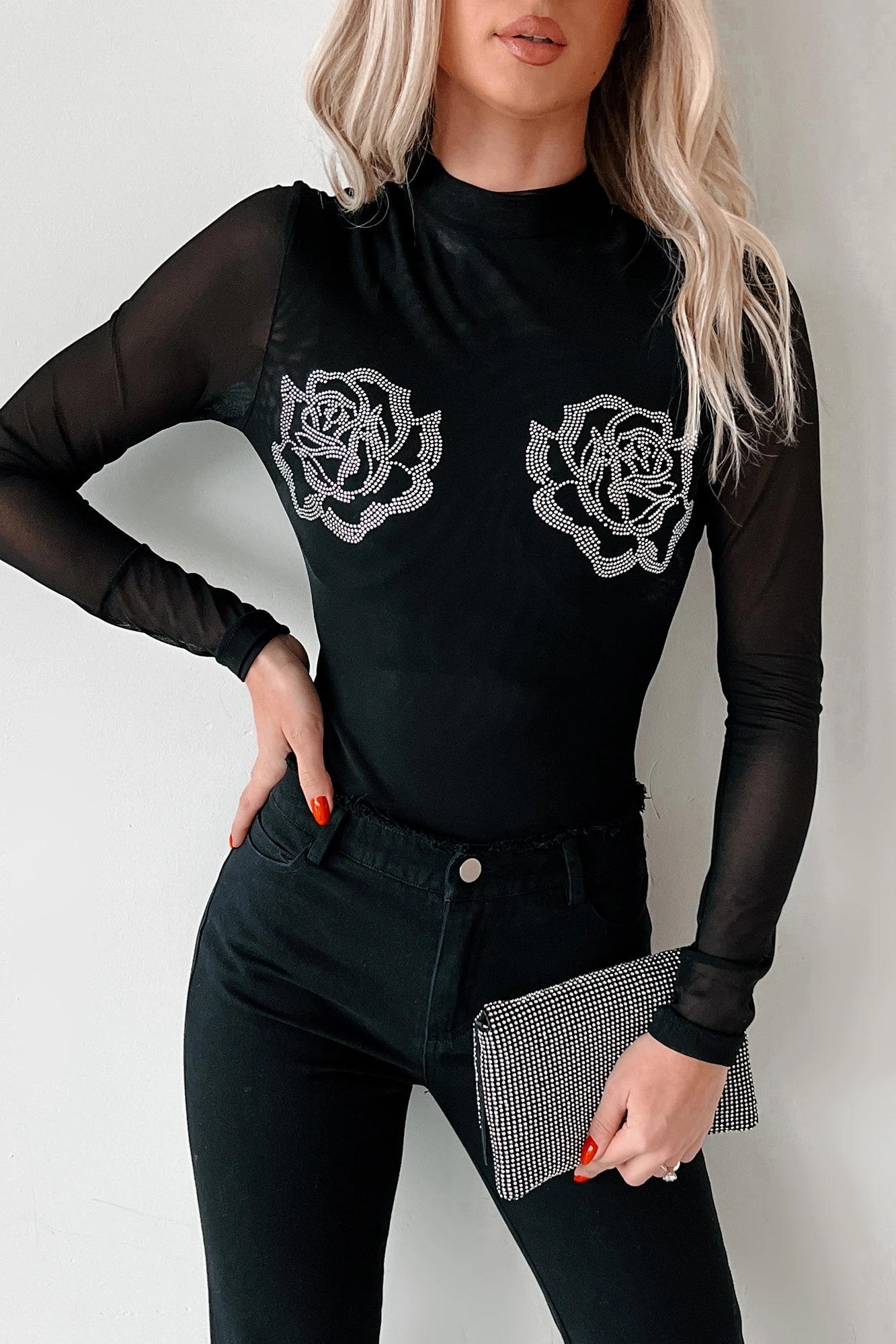 Reinforced Seam Technique Playing Hard To Forget Rhinestone Rosette Mesh Bodysuit (Black)