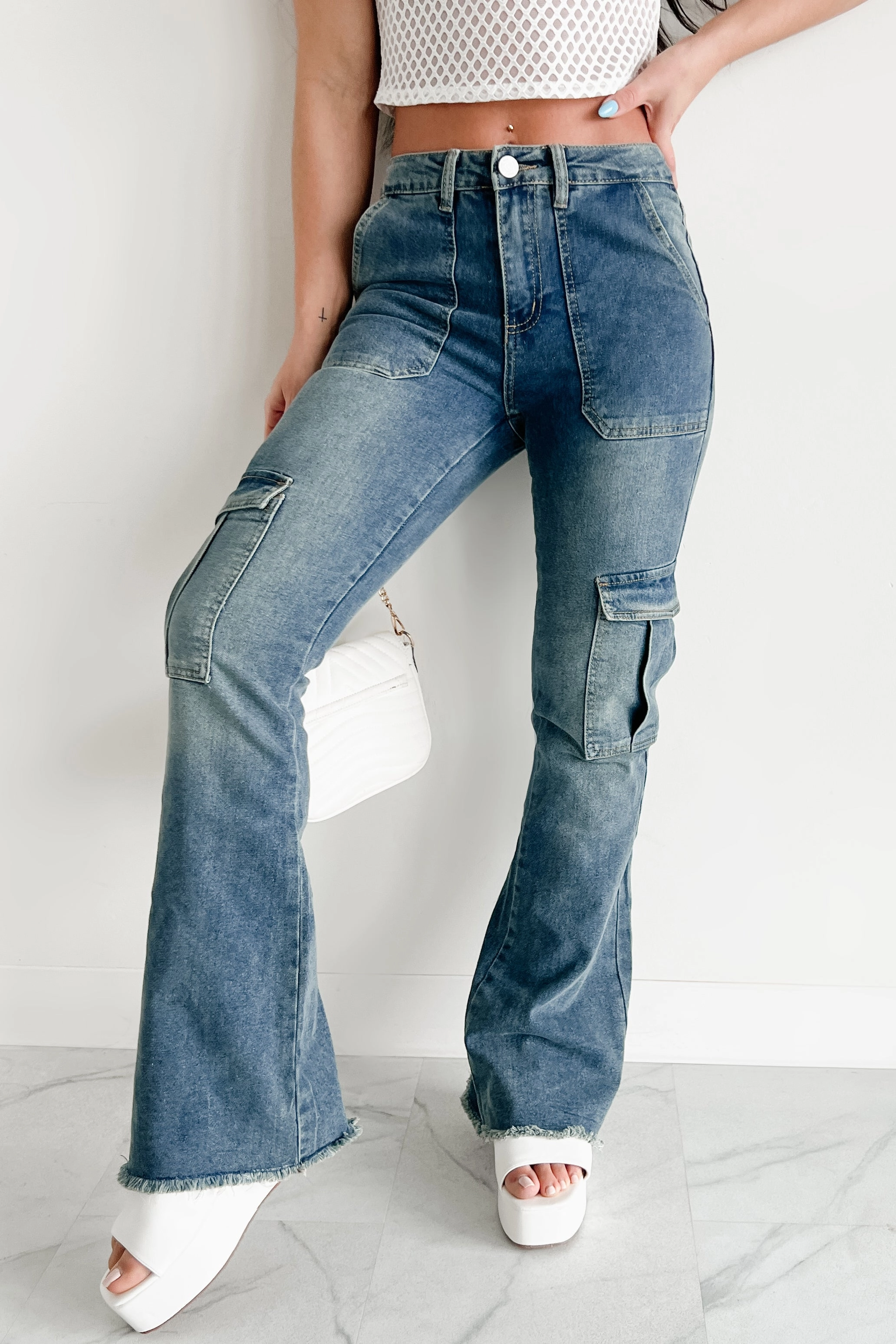 Anti Static Fabric Rome High Rise Cargo Flare Indigo Reign Jeans (Medium)