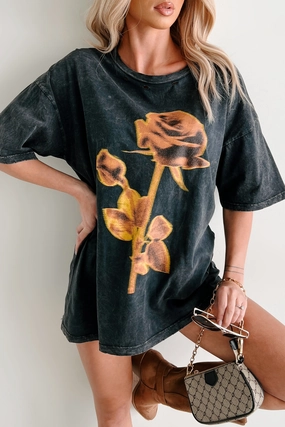 Graceful Rebellion Distressed Floral Graphic T-Shirt (Charcoal) EasyClean LayeredNeckline