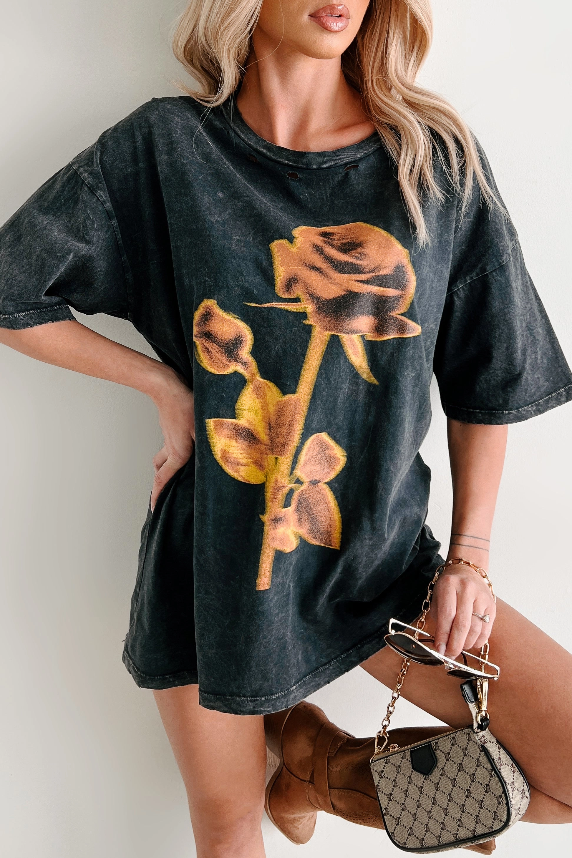 Graceful Rebellion Distressed Floral Graphic T-Shirt (Charcoal) Winter Hoodie