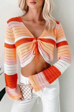Vibing Out Long Sleeve Striped Crochet Top (Orange/Combo) OdorResistantTechnology Hidden Pocket Design