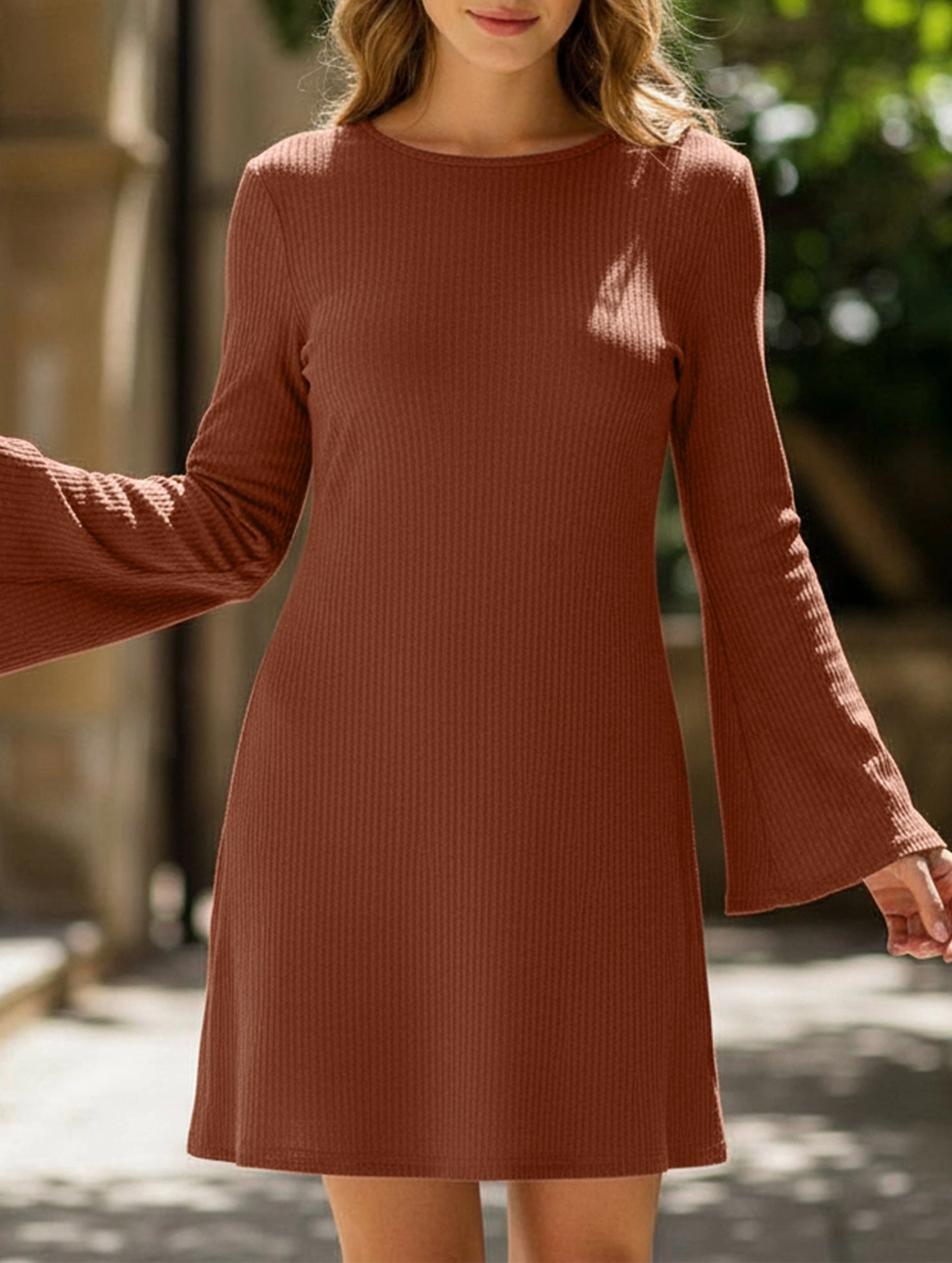 Brown Textured Open Back Bow Dress Farm Scene