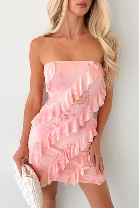 Lounge Feel Pretty Little Thing Strapless Ruffle Mini Dress (Pink)