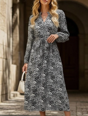 Exclusive-Design Dinner Outfit Printed elegant V-neck long-sleeved dress