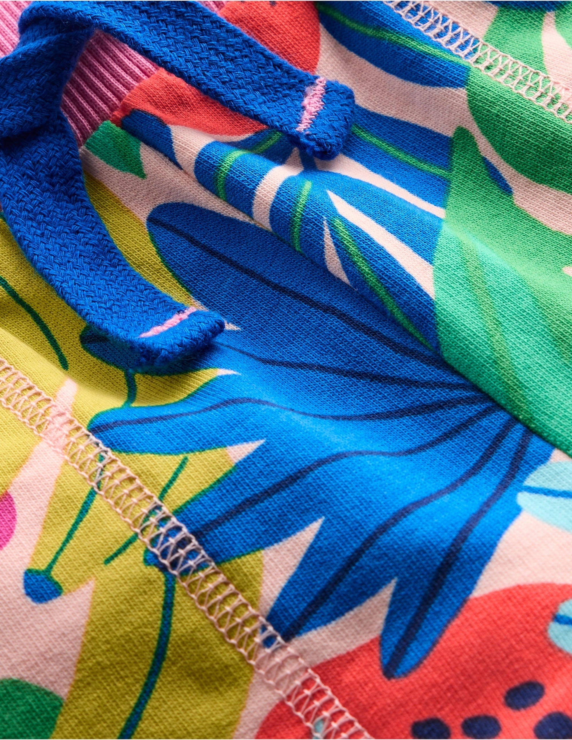 Printed Jersey Shorts-Multi Tropical Fruit embroidery details