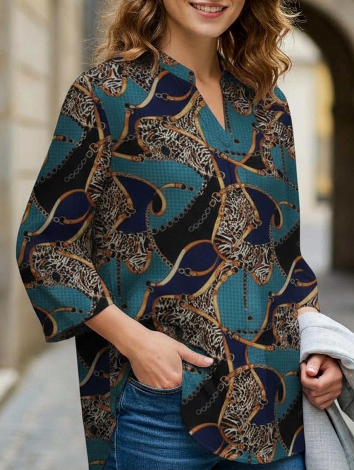 Soft Inner Lining FlexibleRibbing Printed lapel long-sleeved tunic top