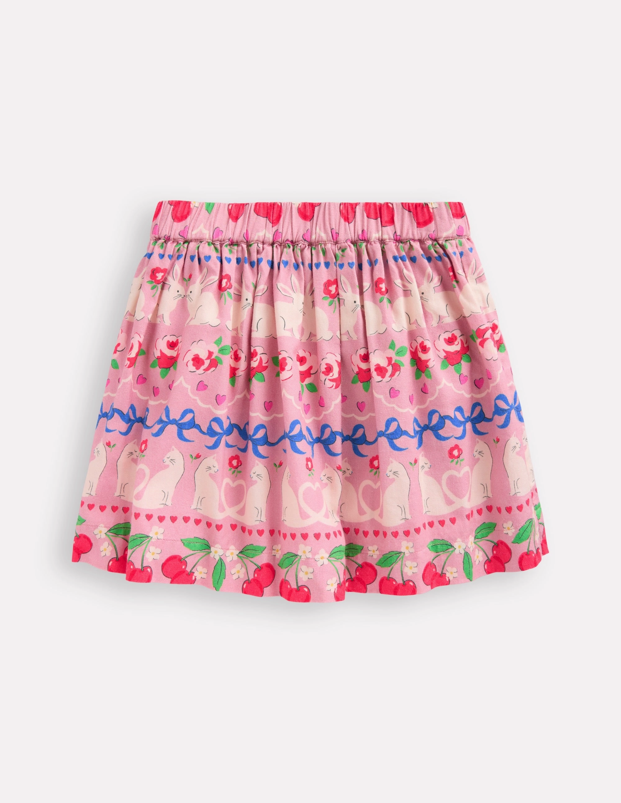 Printed Pull-On Twirly Skirt-Pink Valentines Bunny Stripe Embroidered Detail Neat Mood