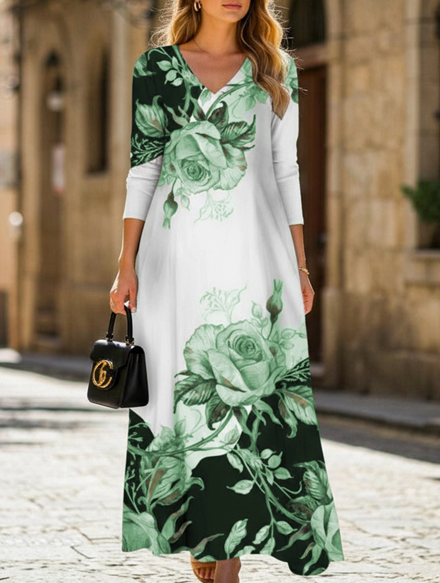 Chic Layer Urban Look Printed V-neck button-down long-sleeved dress