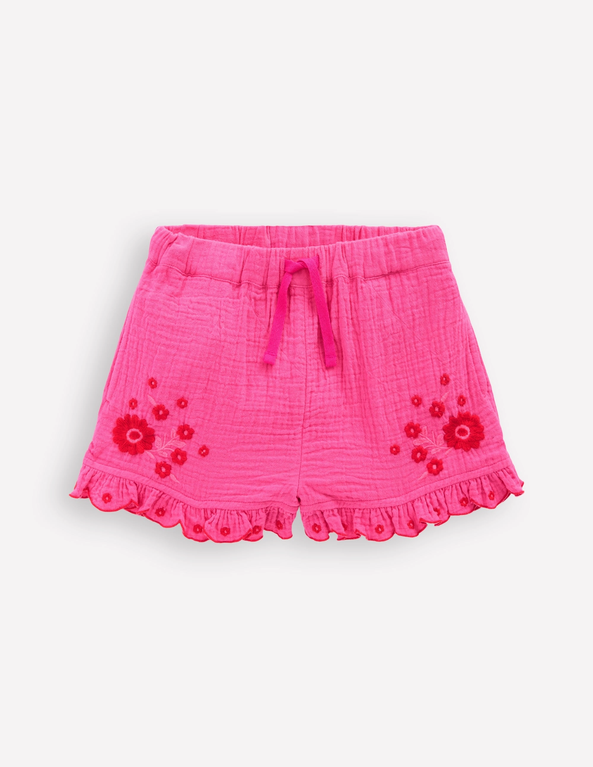 Stretchy Waist Double Cloth Frill Hem Shorts-Sorbet Pink Embroidered