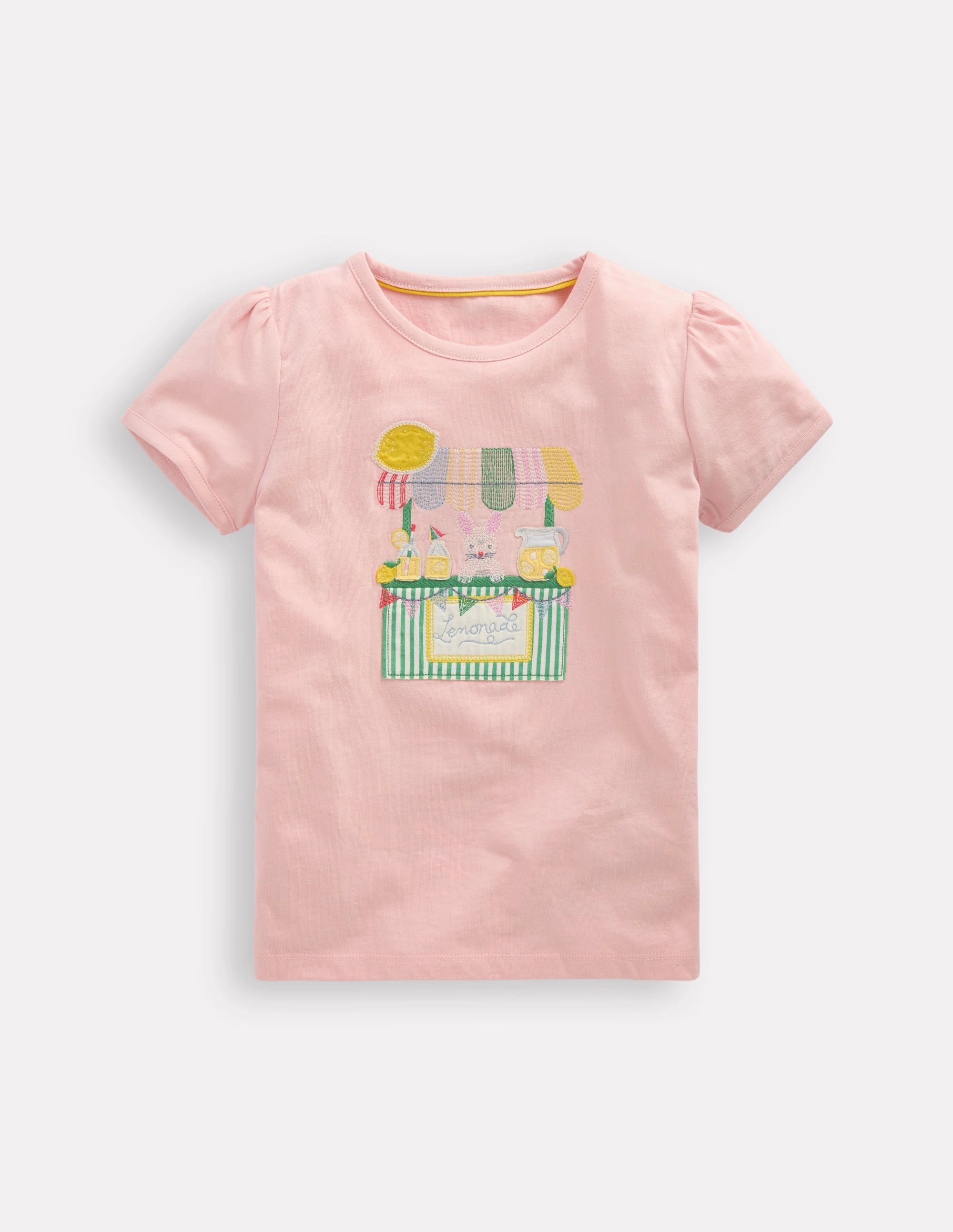 Full Coverage Fit Puff Sleeve Applique Top-Chalk Pink Lemonade Bunny