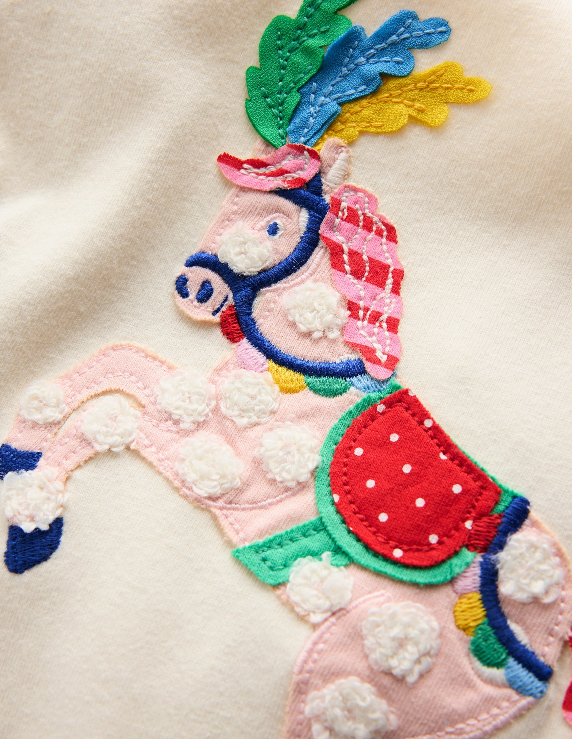 Yarn Dye Stripe Soft Inner Lining Puff Sleeve Applique Top-Soft Ivory Horse