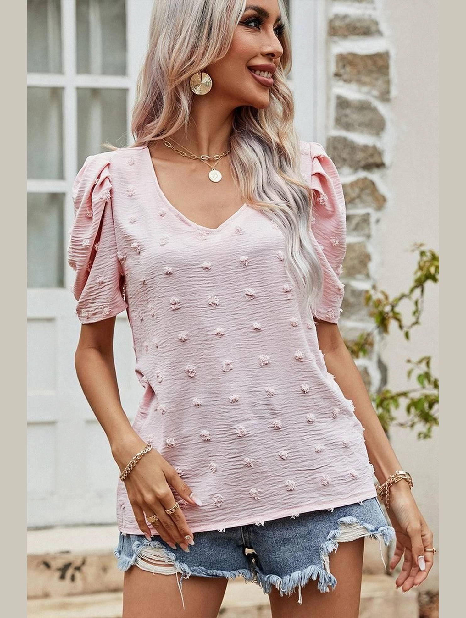 PUFF SLEEVE DEEP NECK CASUAL TOP Cooling Technology Elasticated Hem