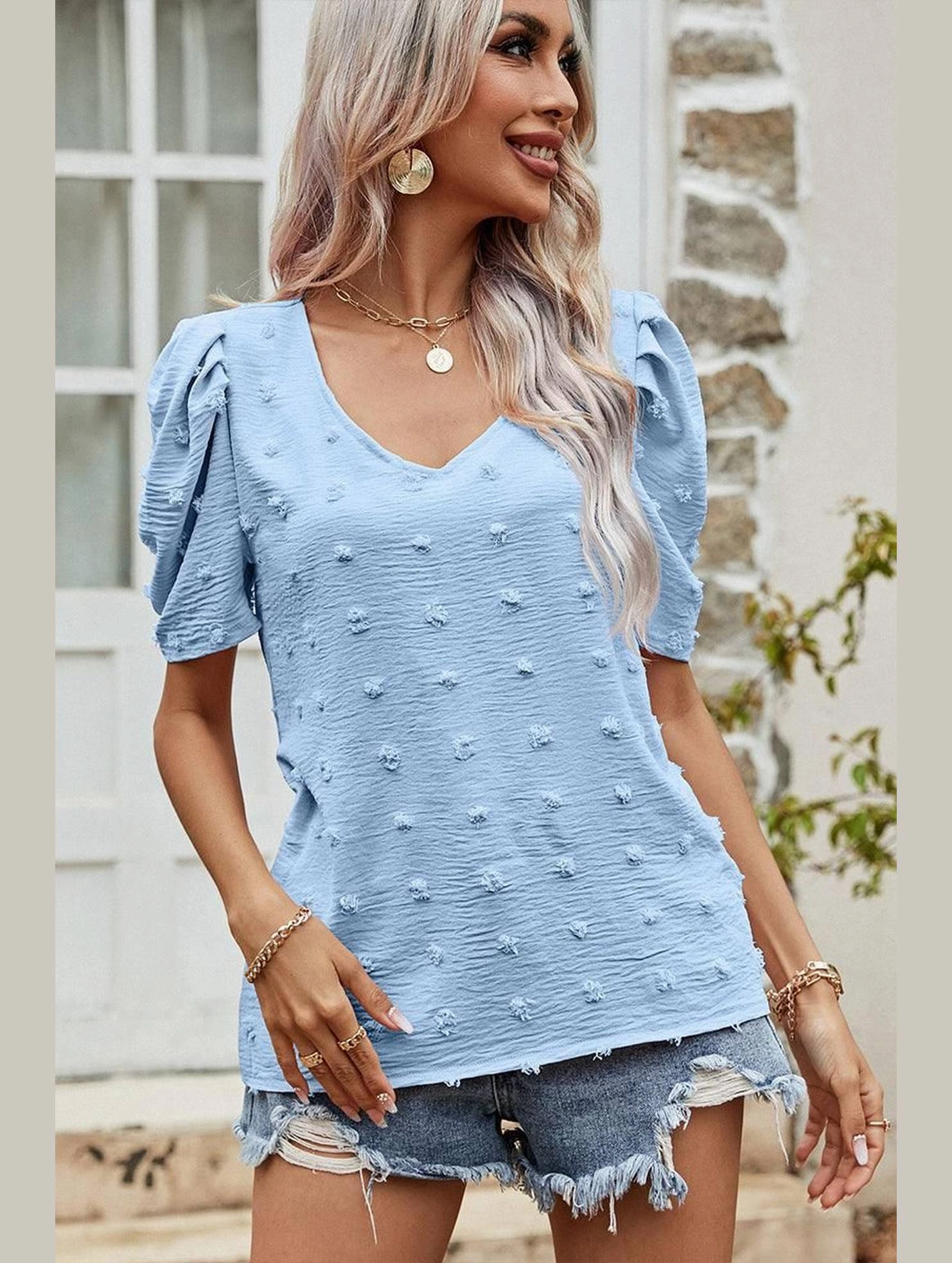 Eco Friendly Fabric SoftKnit PUFF SLEEVE DEEP NECK CASUAL TOP