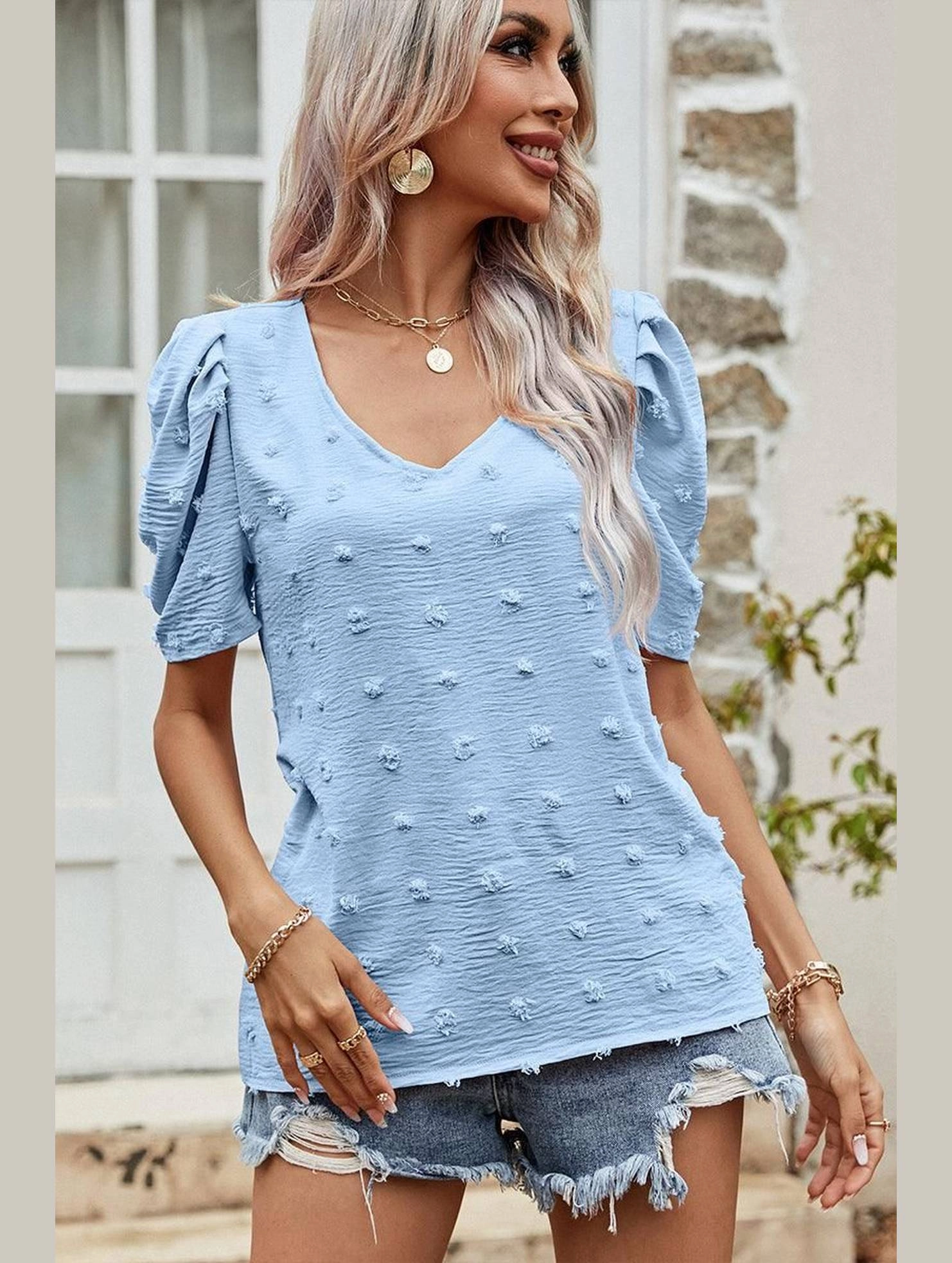 Summer Wardrobe Smooth Stitching PUFF SLEEVE DEEP NECK CASUAL TOP