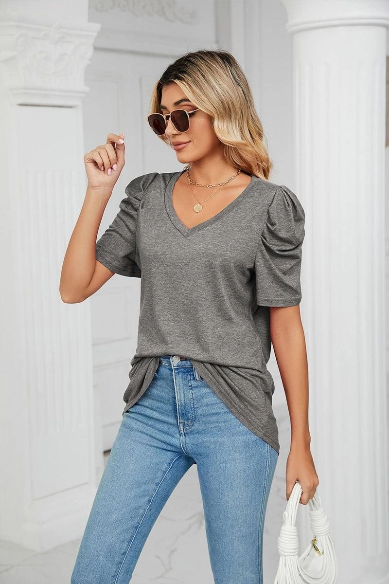 PUFFED SLEEVE SOLID CASUAL TOP StainResistantFinish