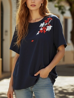 Simple Style Double Layered Hem Pullover Fresh Sweet Embroidered Blouse ??Lightweight Women's Top