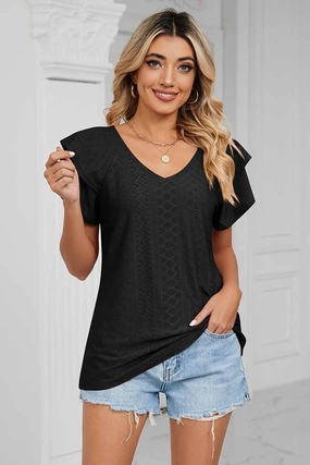 PUNCHING LACE CAKE PUFF V NECK T-SHIRTS Soft Brushed Finish