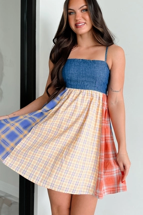 Punk Goes Cute Denim Plaid Mini Dress (Multi) ReinforcedHem